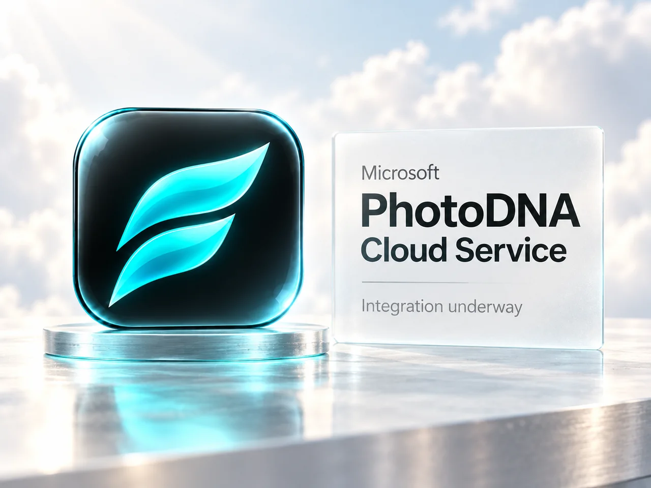 FADE’s cyan app icon beside a frosted panel reading Microsoft PhotoDNA Cloud Service, Integration underway.