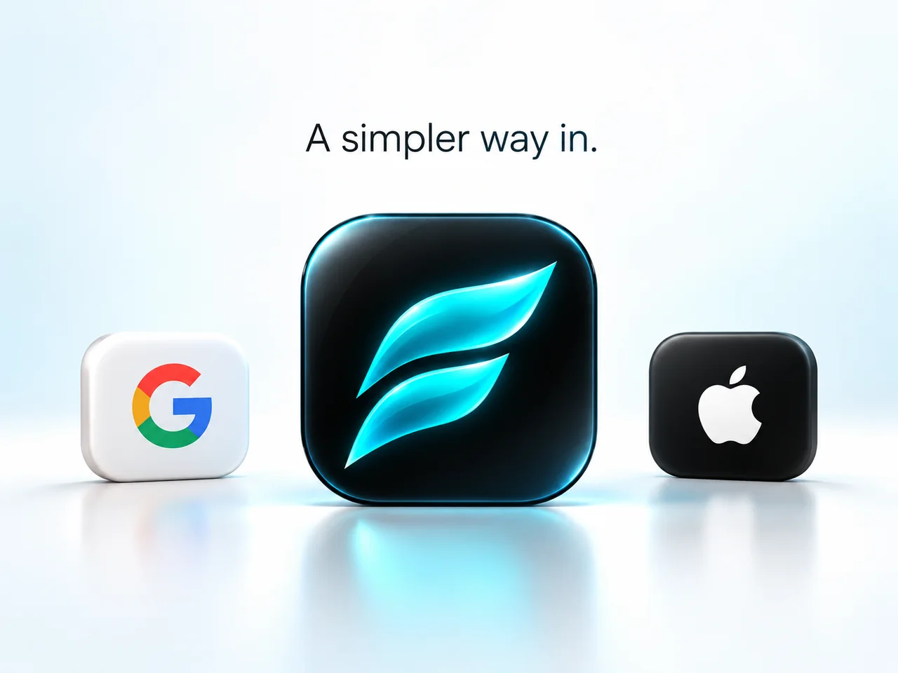 FADE’s cyan app icon between Google and Apple sign-in logos, with the words A simpler way in.