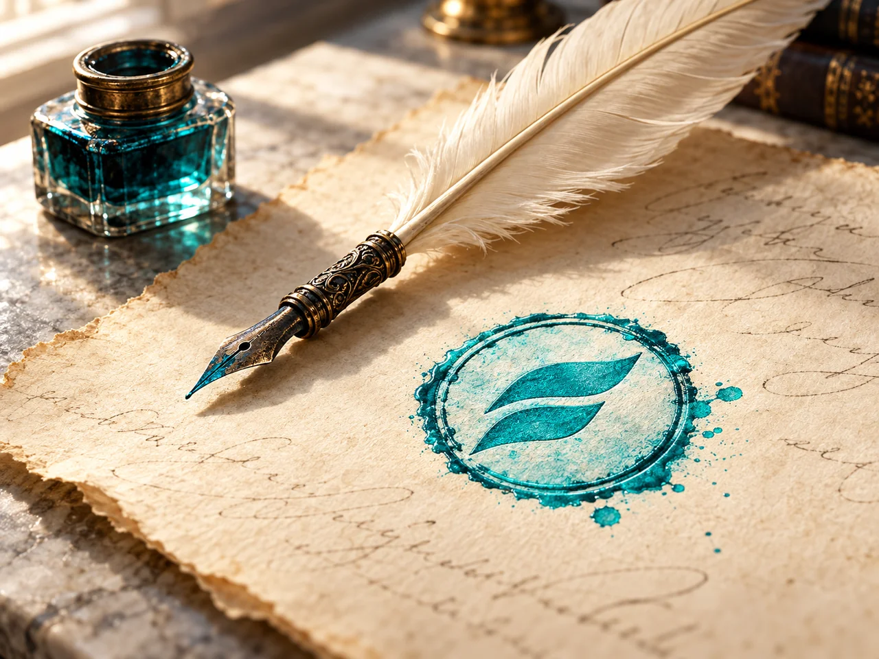 An antique quill on parchment beside a cyan ink seal of the FADE logo.